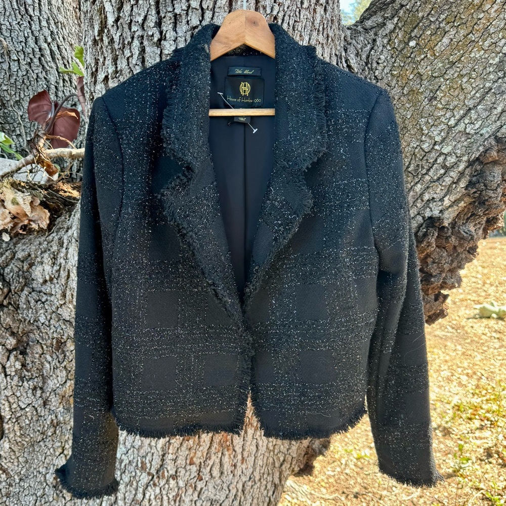 NWOT House of Harlow 1960 Black tweed wool metallic blend blazer.Size XL